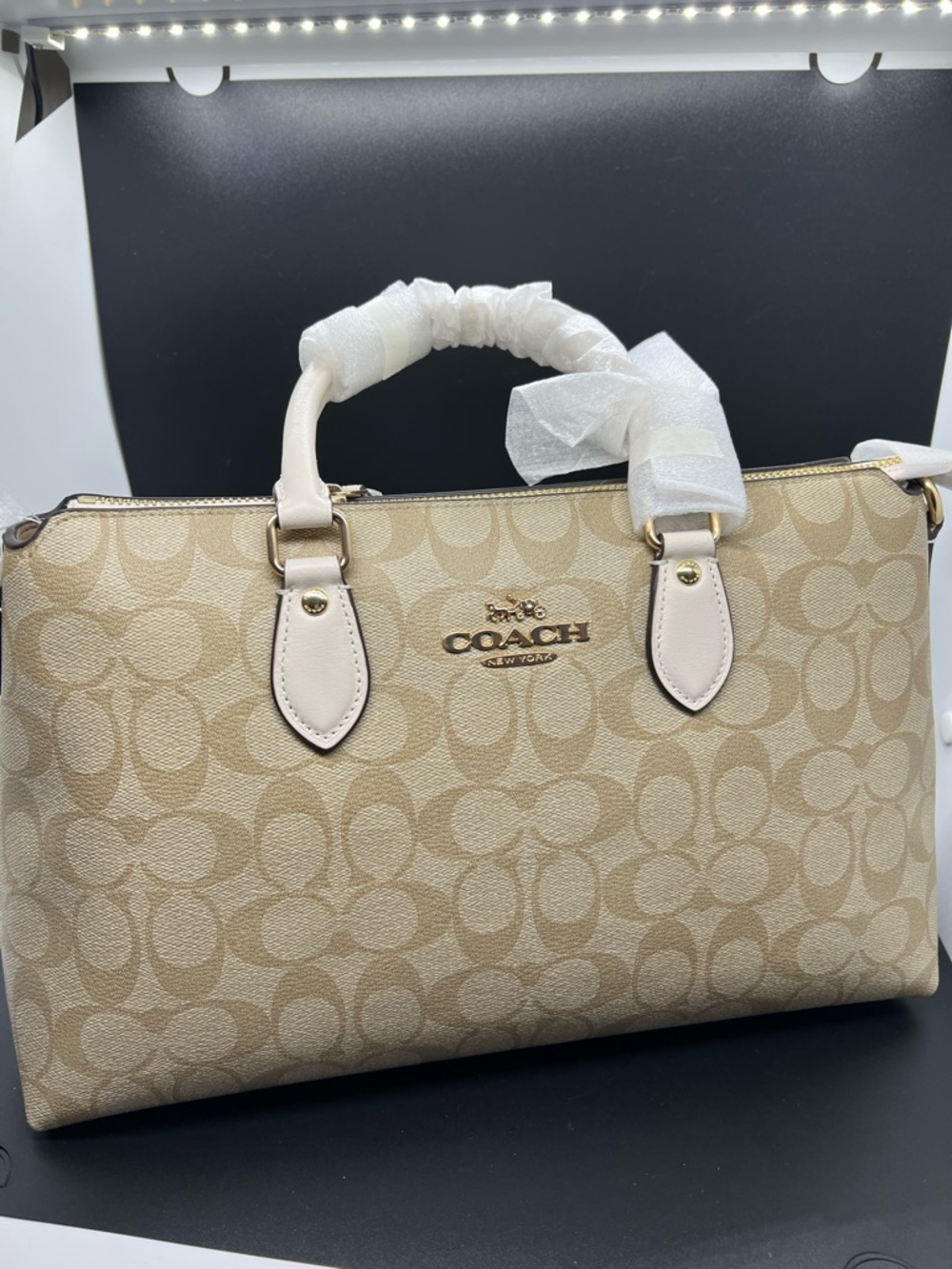 Coach Beige Signature Canvas Satchel with Cream Leather Trim